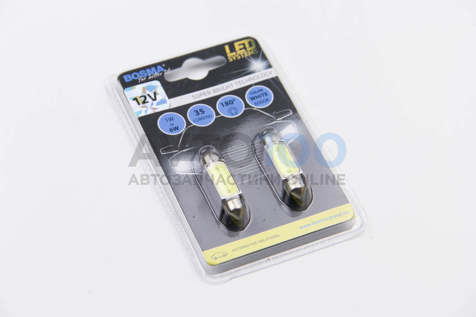 Автолампа SV8,5 LED 12V  1xSMD MEGA LED WHITE 10X39 (2 шт)