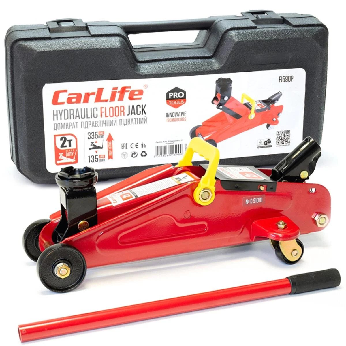 Carlife Домкрат гидравлический (подкатный), Carlife 2т, 135-335мм, 9кг., пласт.уп.