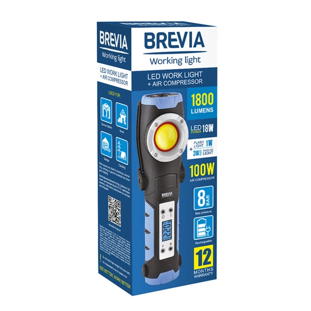 BREVIA LED фонарь 18W, 1800lm+компрессор 100W, 7800mAh, type-C