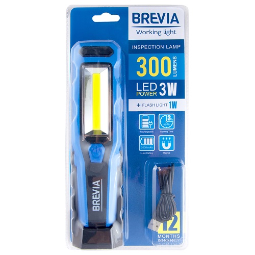 BREVIA LED Інспекційна лампа 3W COB+1W LED 300lm, 2000mAh, microUSB, блістер