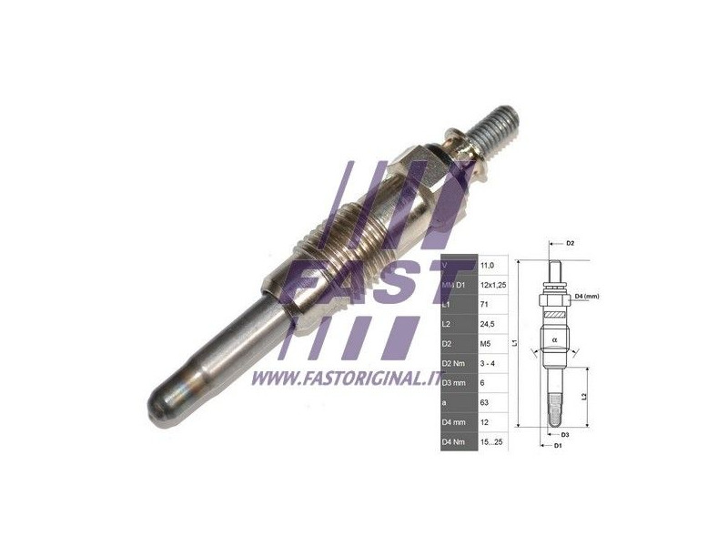 Свічка розжарювання RENAULT 19 88-00; FIAT Scudo 95-07, Bravo 95-01; MERCEDES-BENZ Sprinter 901-905 95-06, T1 (601) 77-95, 190 (W201) 82-93; PEUGEOT Partner 96-08, Expert 95-07, 406 97-04; CITRO