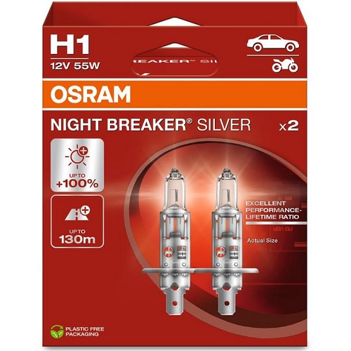 Лампа фарна H1 12V 55W P14,5s NIGHT BREAKER SILVER (+100) компл (вир-во OSRAM)