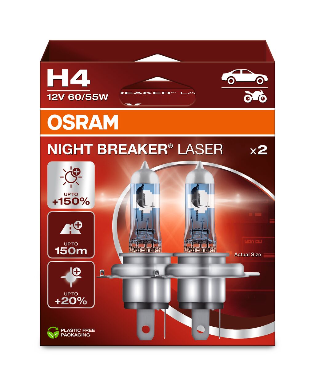 Лампа (Набір 2шт) H4 12В 60/55Вт P43T (EN) up to 150% greater brightness  (EN) up to 150m light beam  (EN) up to 20% whiter light Night Breaker Laser, Білий