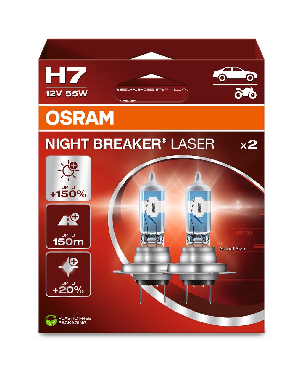 Лампа (Набір 2шт) H7 12В 55Вт PX26D (EN) up to 150% greater brightness  (EN) up to 150m light beam  (EN) up to 20% whiter light Night Breaker Laser, Білий